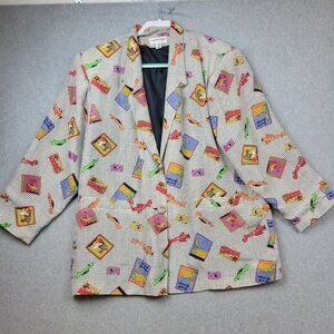Vintage Carol Horn Workshop Blazer Womens 2XL Silk Graphic Travel Print Jacket 9